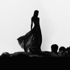 Silhouette of a fashion model on a runway with large audience